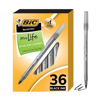 BIC Round Stic Xtra Life Ball Point Pen, Black, 36 Pack